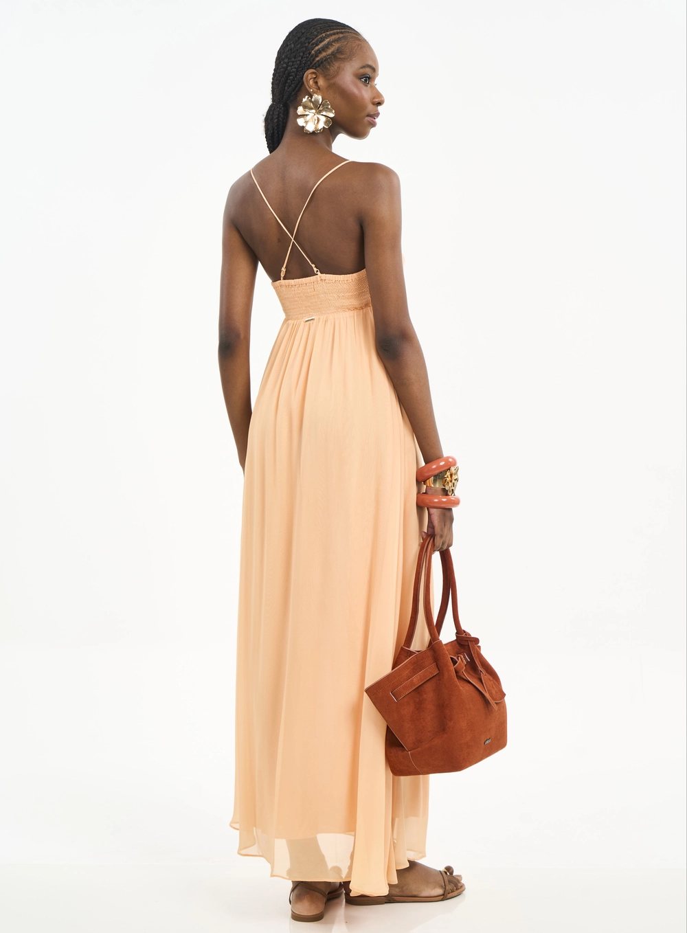 Vestido Longo Fluido Com Franzidos Laranja