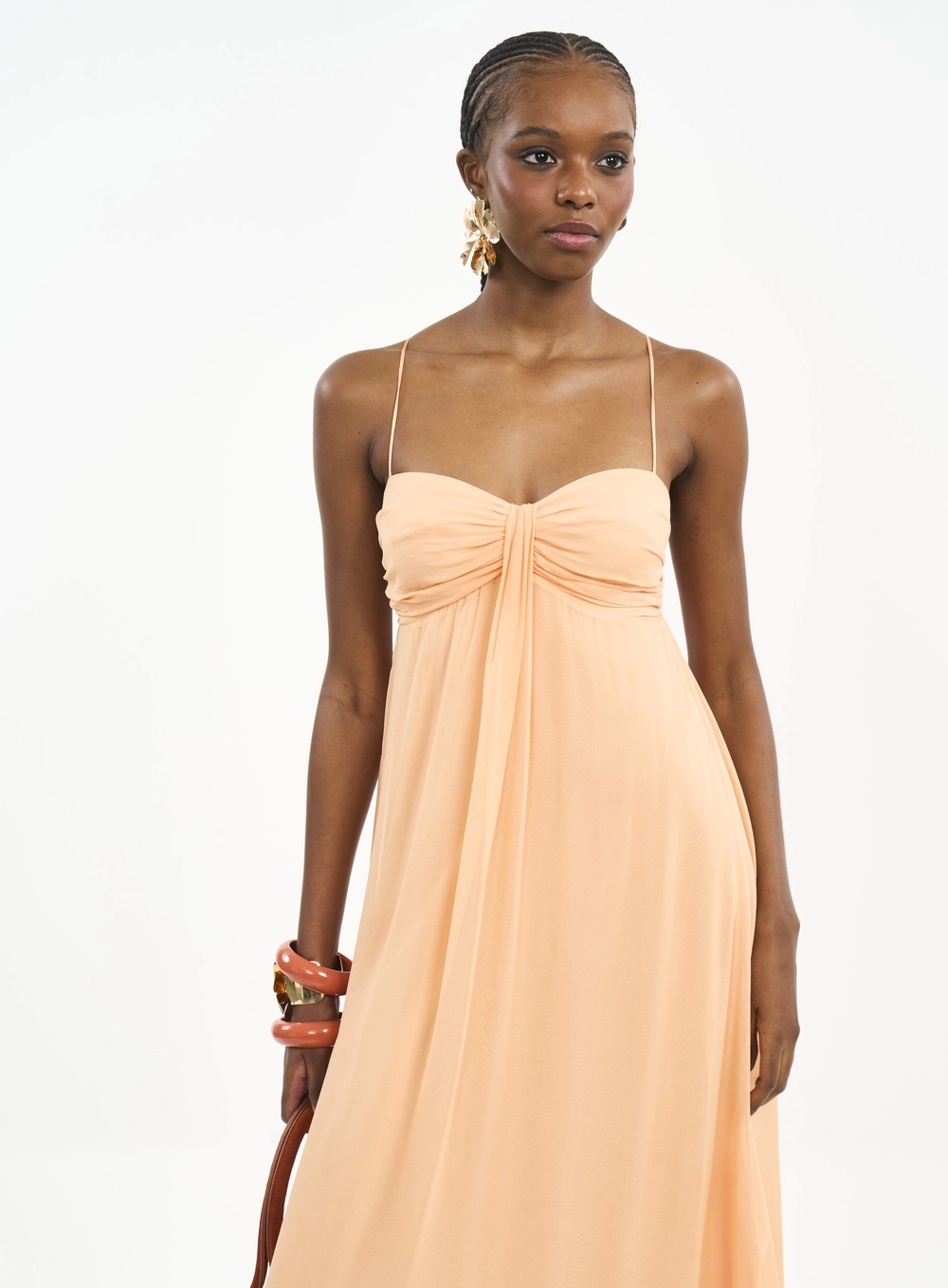 Vestido Longo Fluido Com Franzidos Laranja