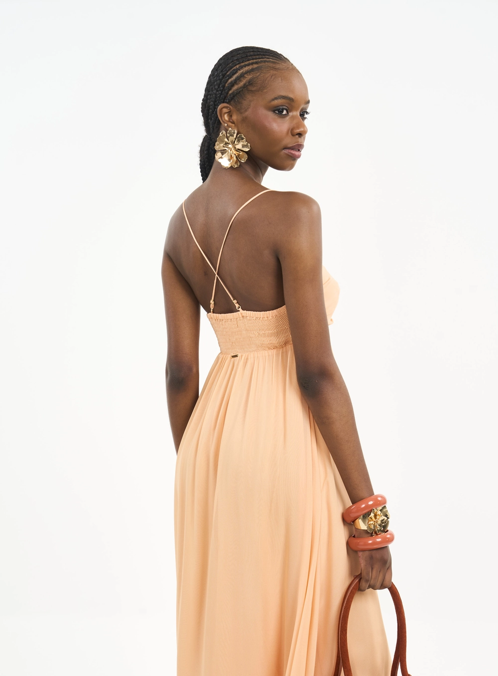 Vestido Longo Fluido Com Franzidos Laranja