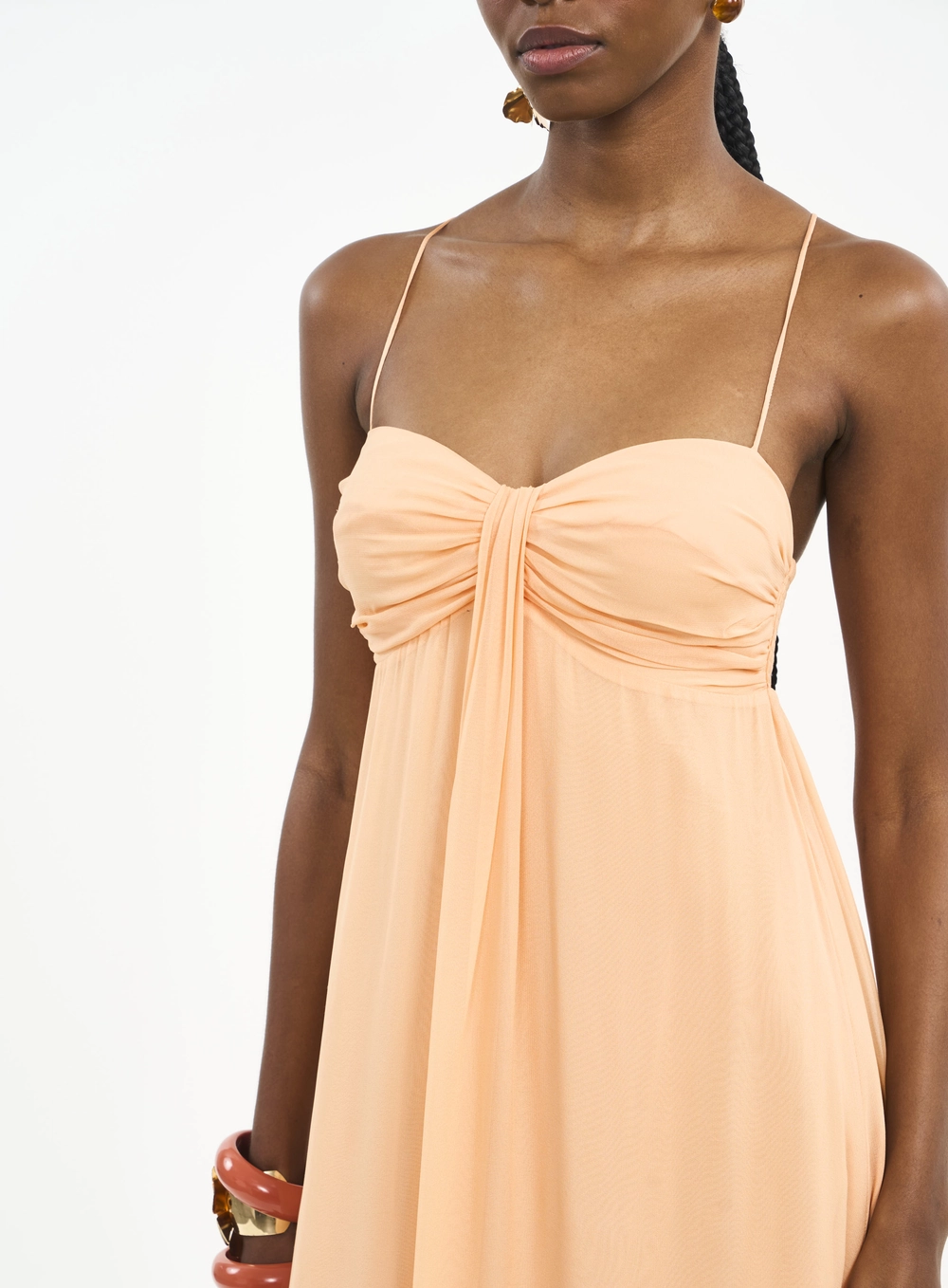 Vestido Longo Fluido Com Franzidos Laranja