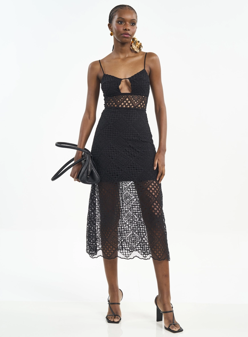 Vestido Midi Com Recorte E Renda