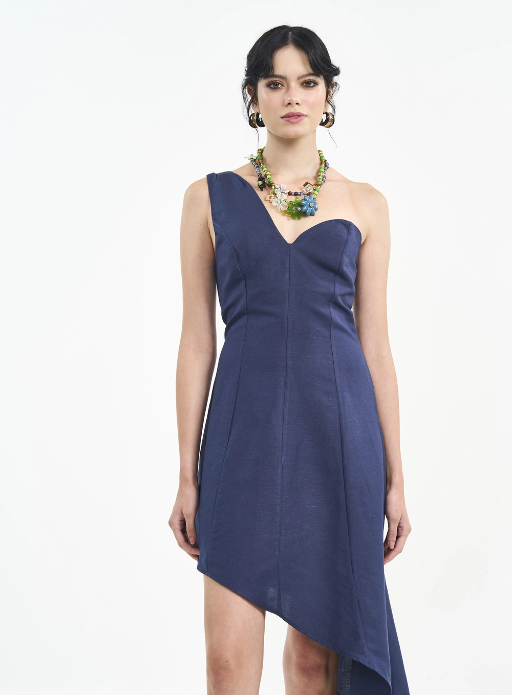 Vestido De Linho Um Ombro Só E Barra Assimétrica Azul