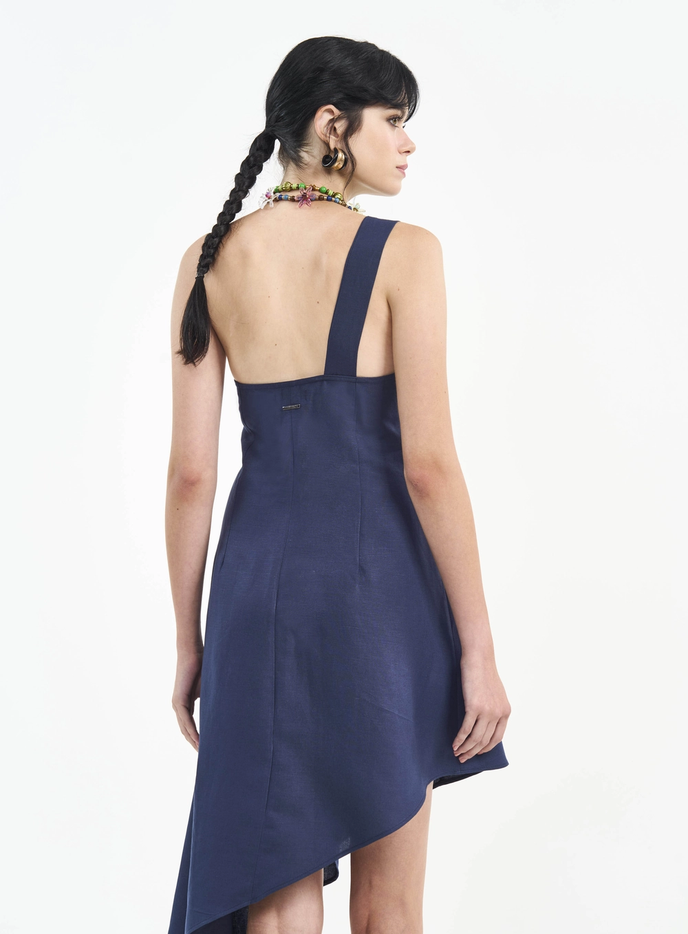 Vestido De Linho Um Ombro Só E Barra Assimétrica Azul