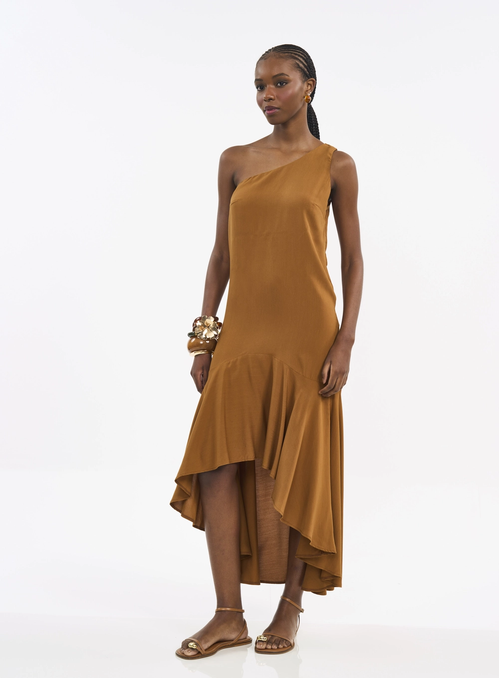 Vestido Midi Um Ombro Só Com Barra Assimétrica Marrom