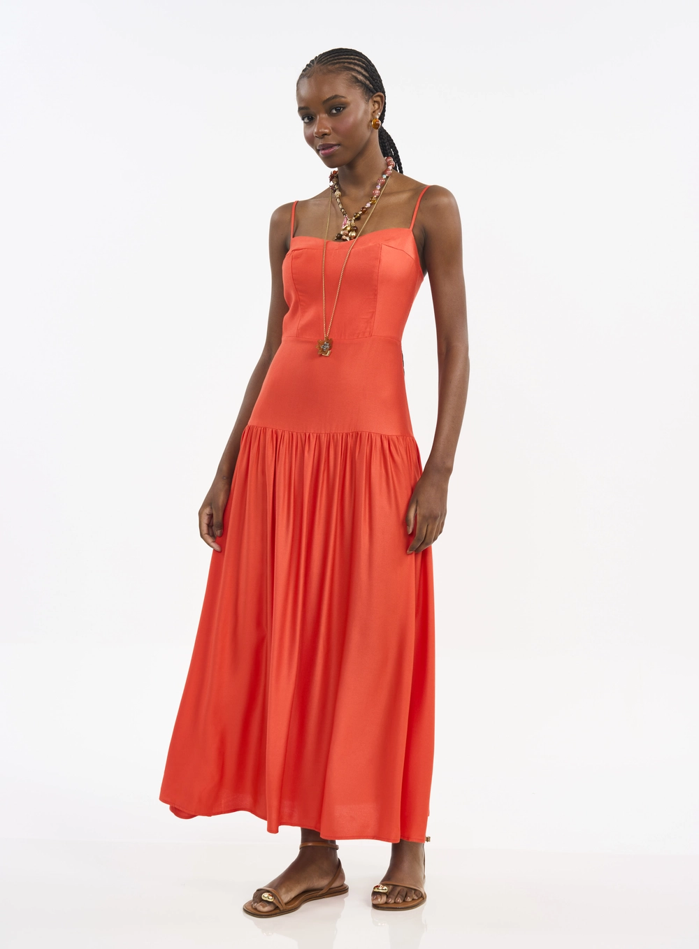 Vestido Longo Com Alças Finas E Lastex Laranja