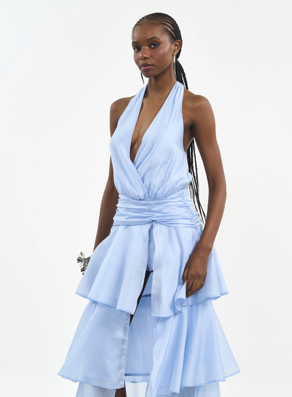 Vestido Midi Com Camadas E Transpasse Azul Tranquile Blue