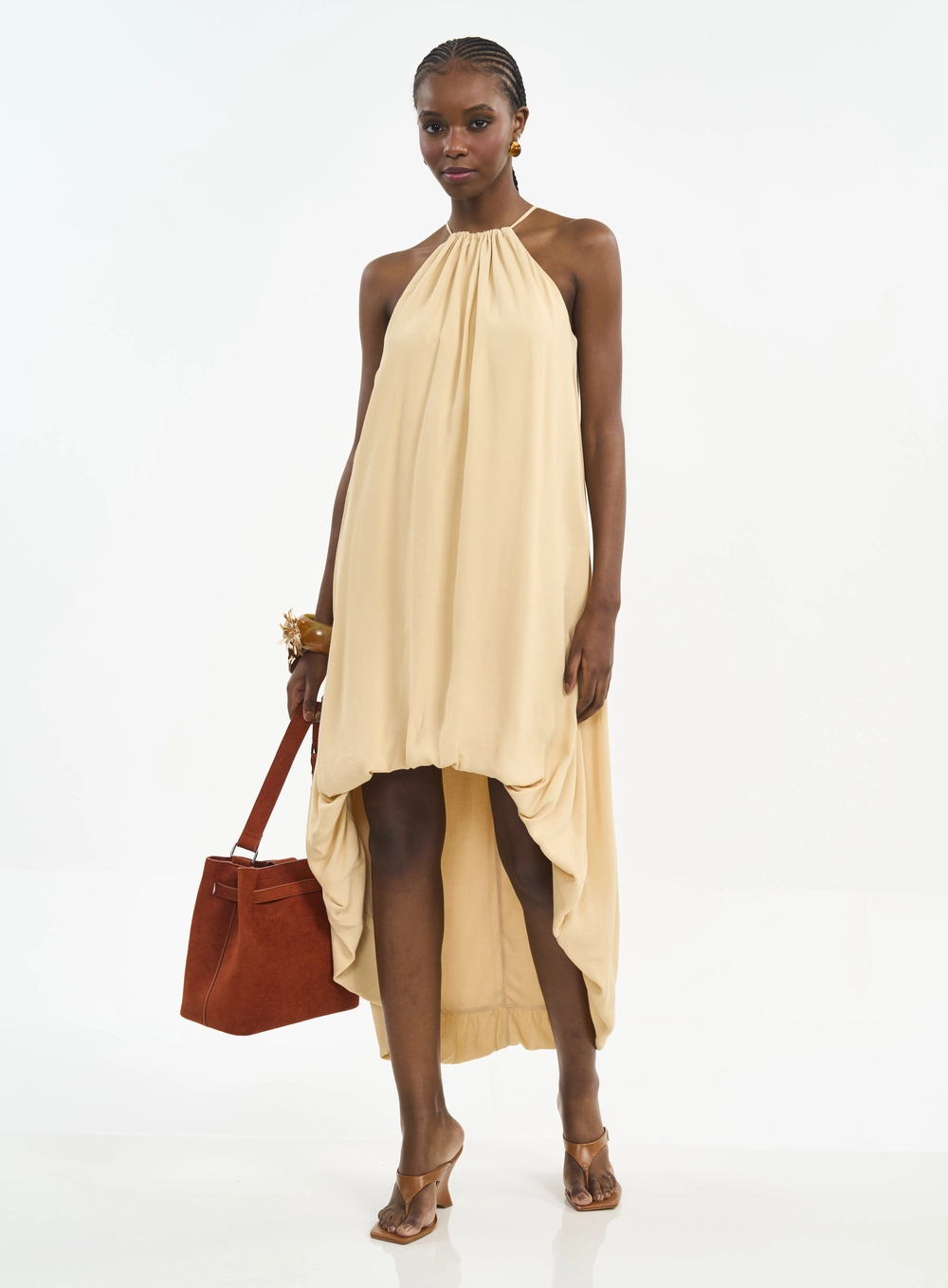 Vestido Longo Mullet Com Amarração Bege