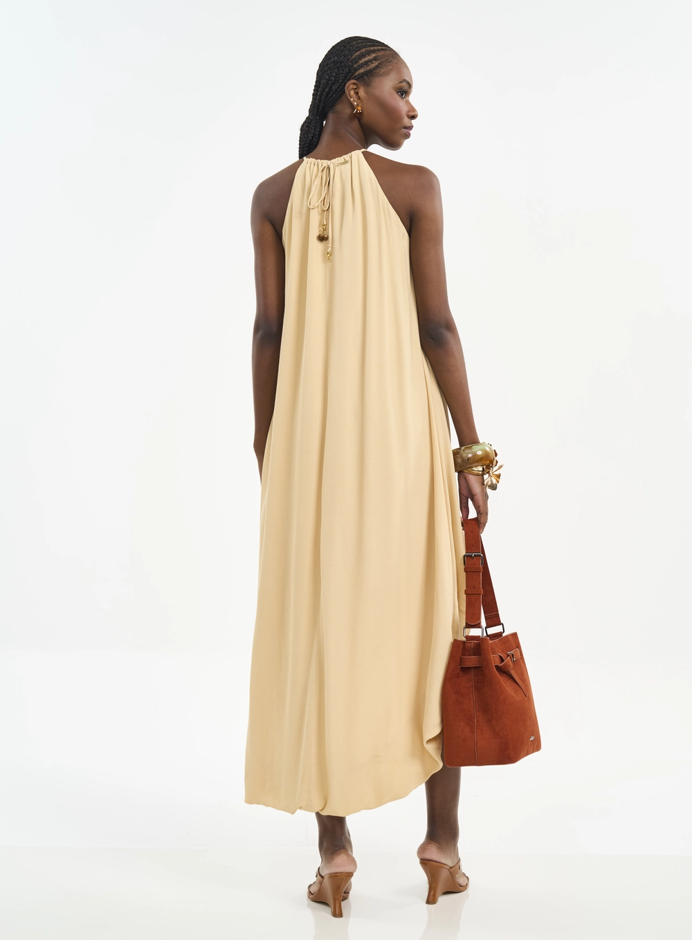 Vestido Longo Mullet Com Amarração Bege