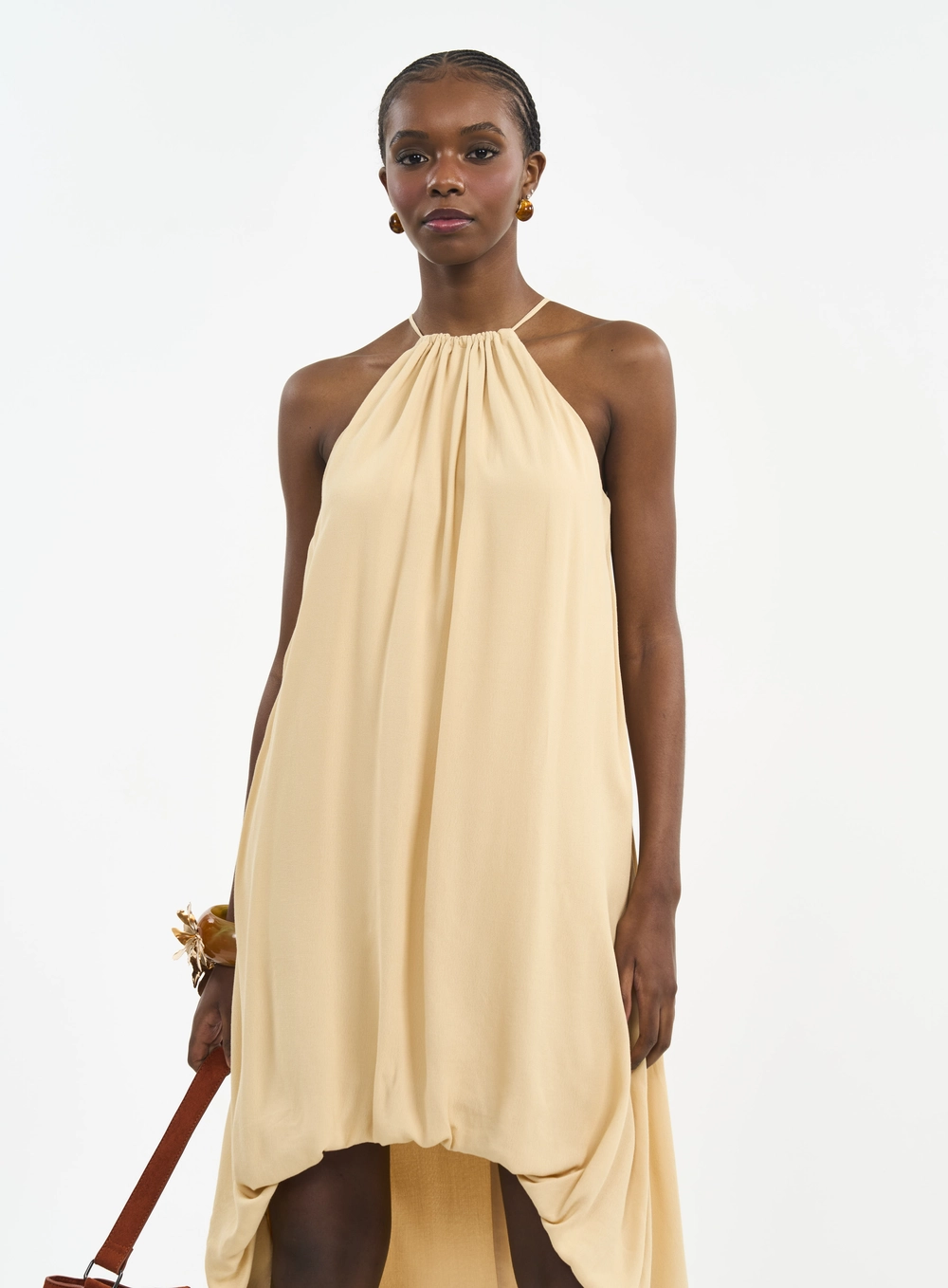 Vestido Longo Mullet Com Amarração Bege