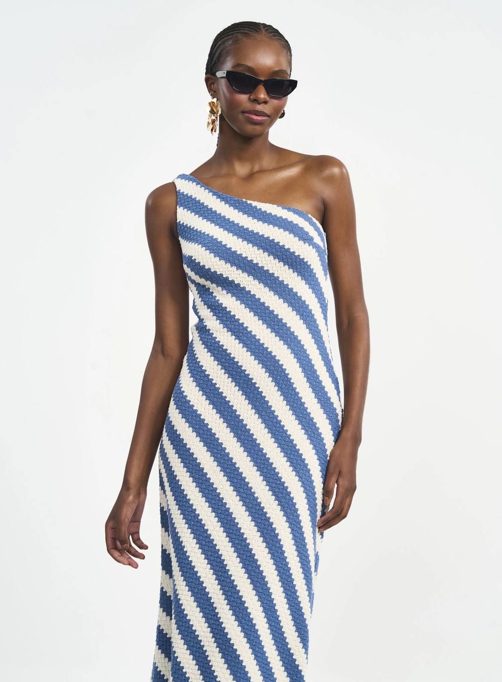 Vestido Midi Ombro Só Com Listras Estampados