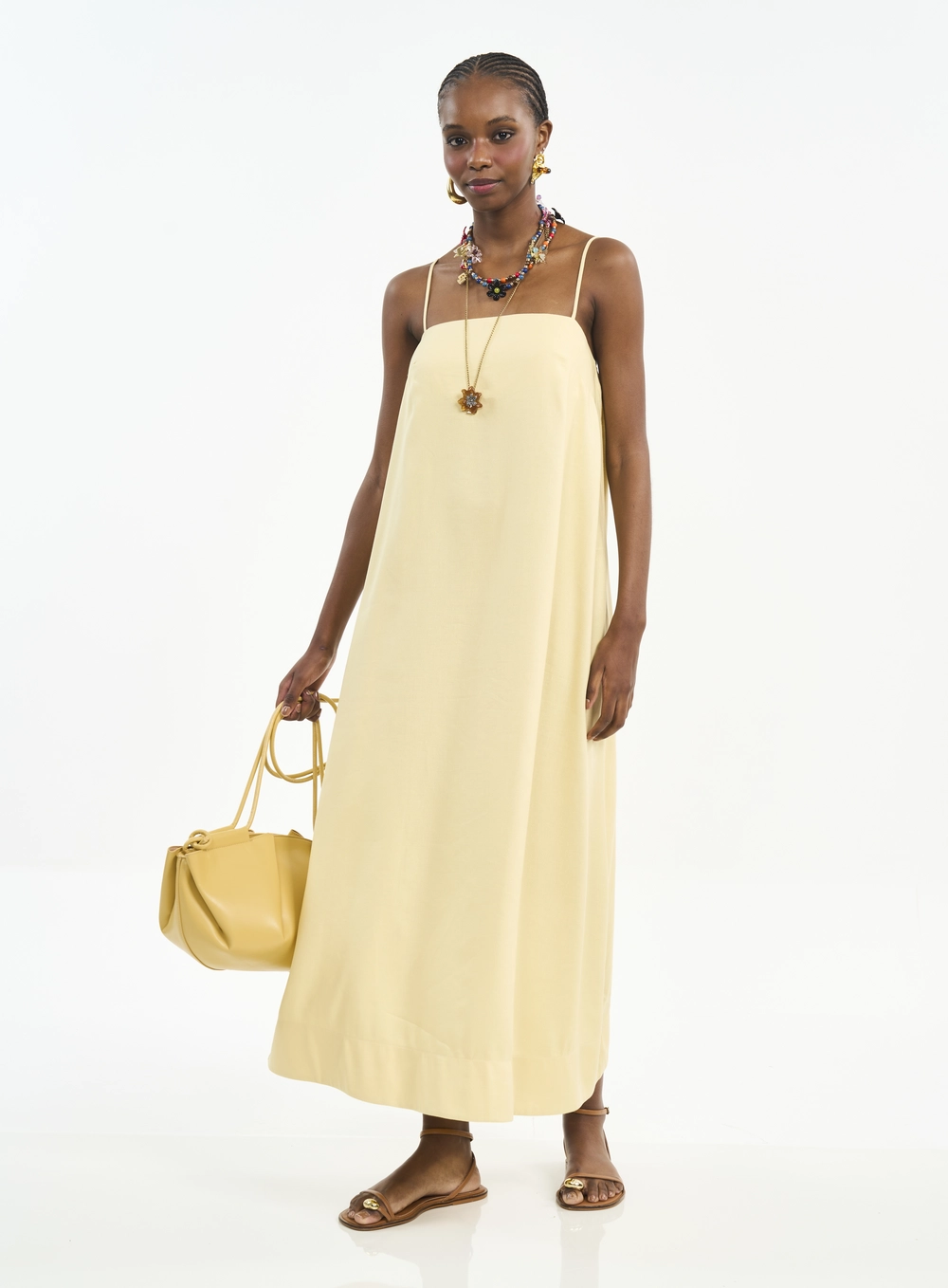 Vestido Midi Com Alças Finas Amarelo
