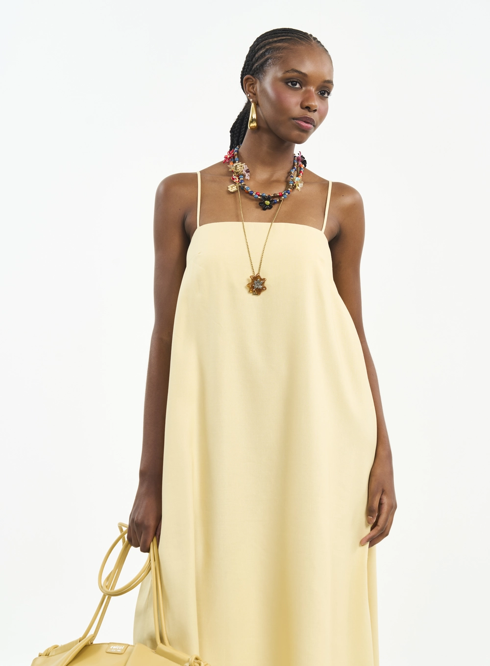 Vestido Midi Com Alças Finas Amarelo