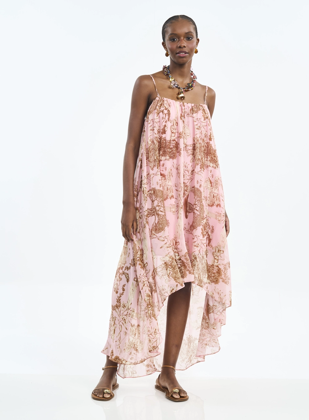 Vestido Midi Estampado Com Barra Assimétrica Estampados