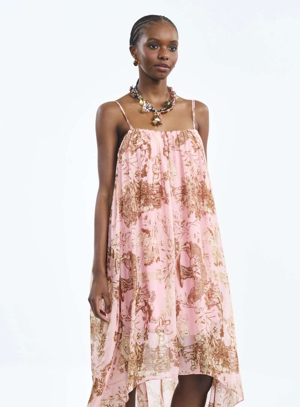 Vestido Midi Estampado Com Barra Assimétrica Estampados