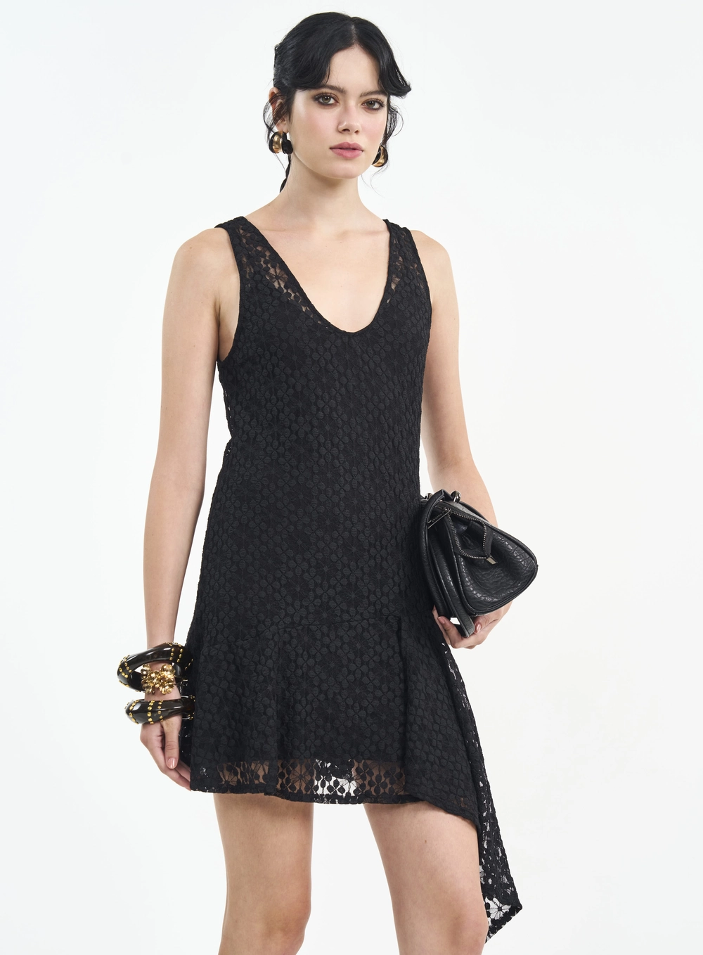 Vestido Curto Com Transparência Preto