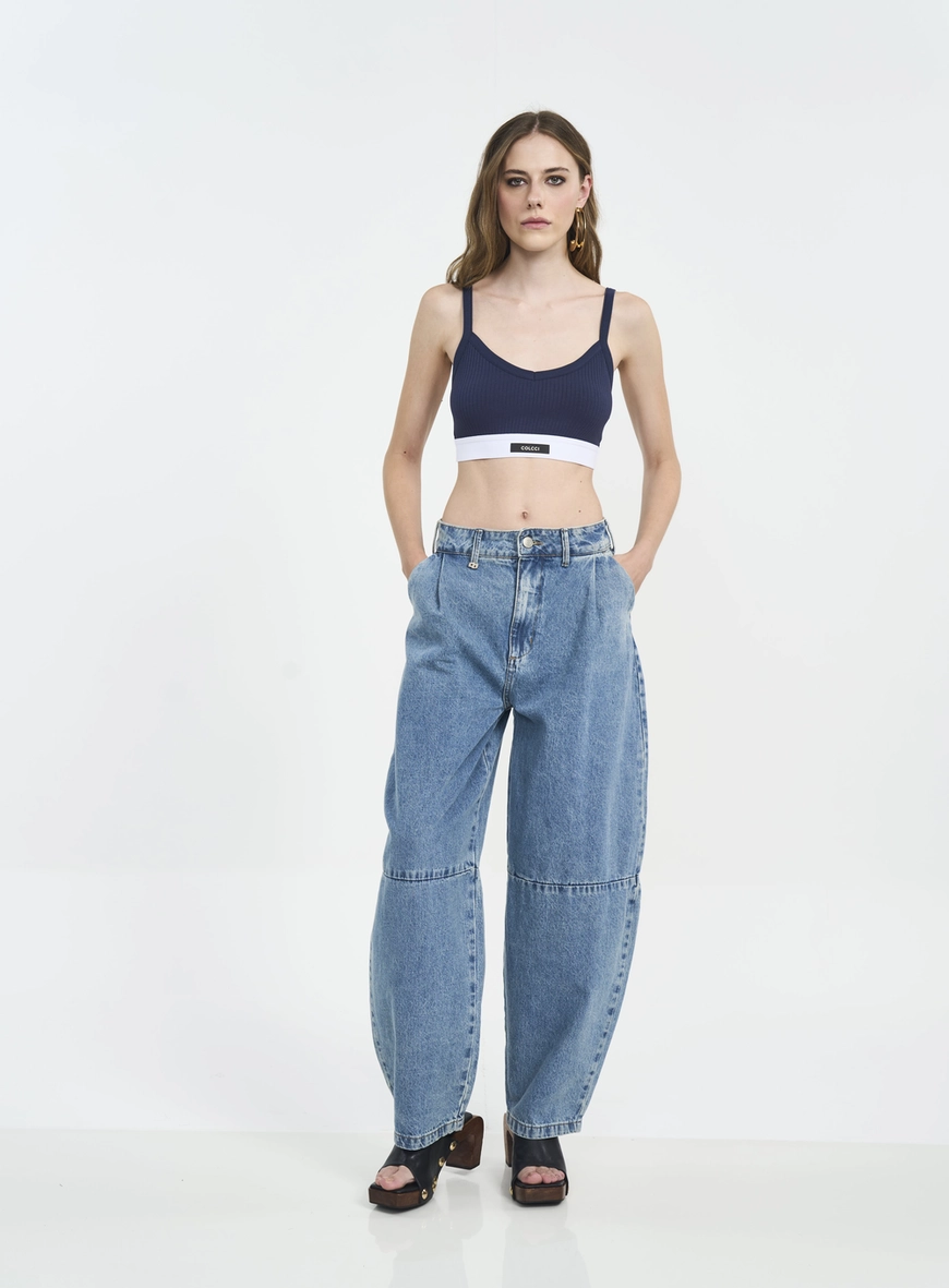 Top Cropped Canelado Com Alças E Elástico Bicolor