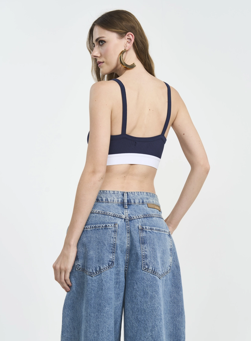 Top Cropped Canelado Com Alças E Elástico Bicolor Azul