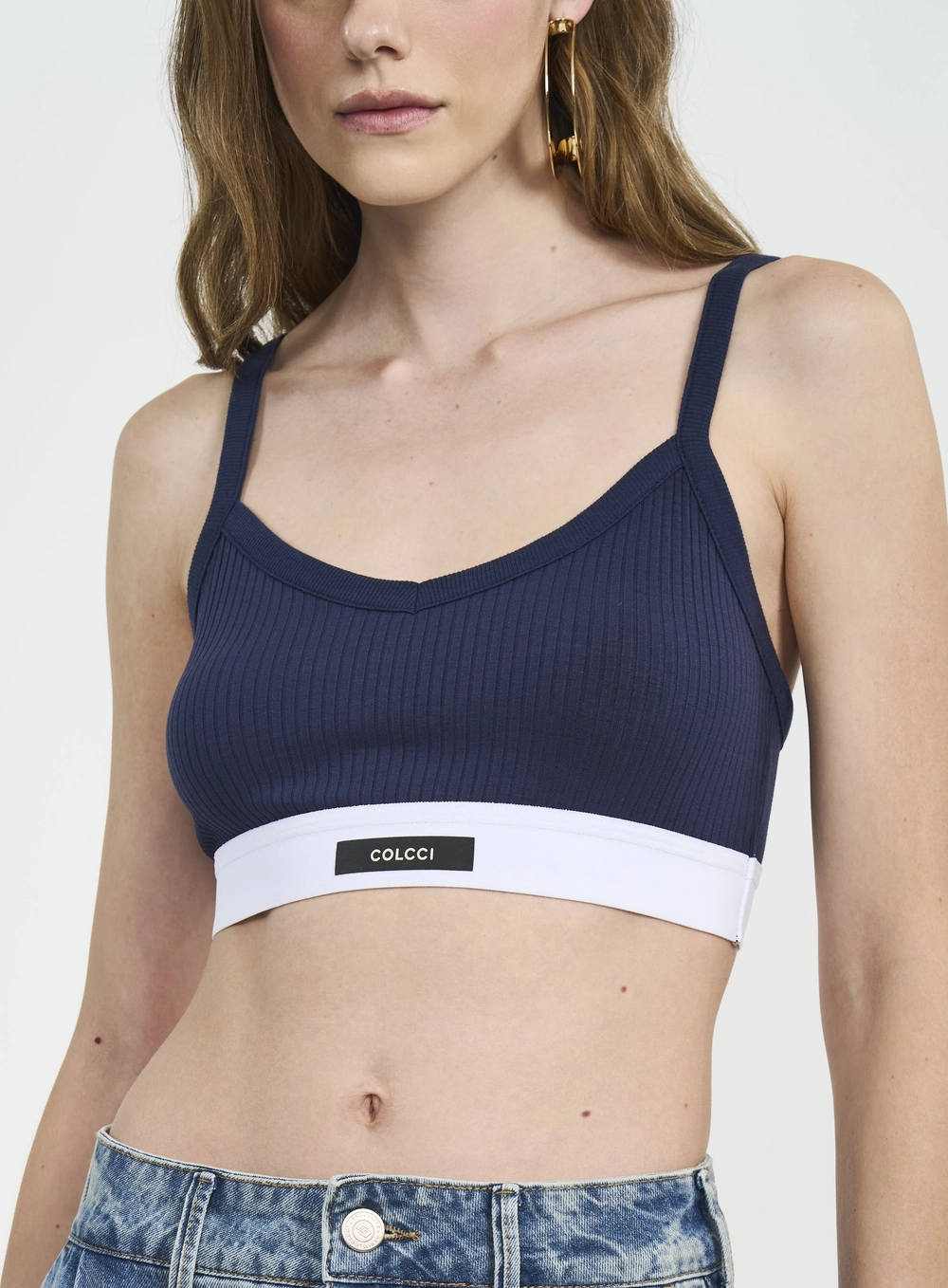 Top Cropped Canelado Com Alças E Elástico Bicolor Azul