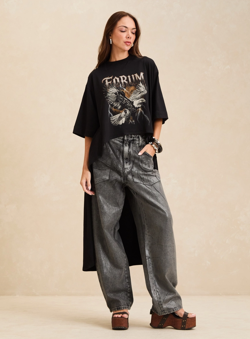Camiseta Feminina Maxi Assimétrica Estampada Preto 3