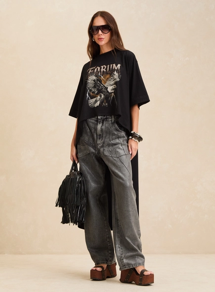 Camiseta Feminina Maxi Assimétrica Estampada