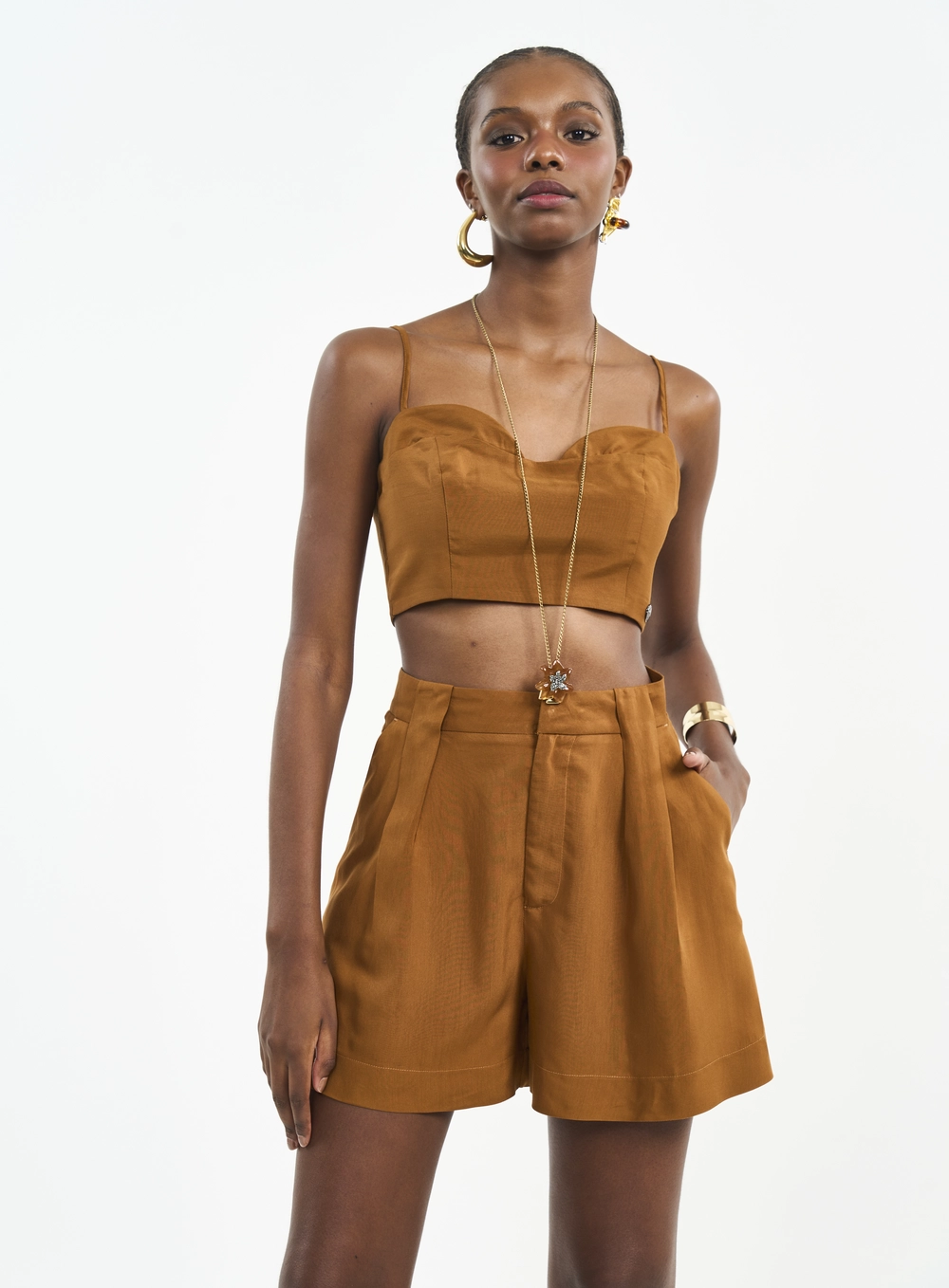 Top Cropped Com Busto Drapeado E Lastex Marrom