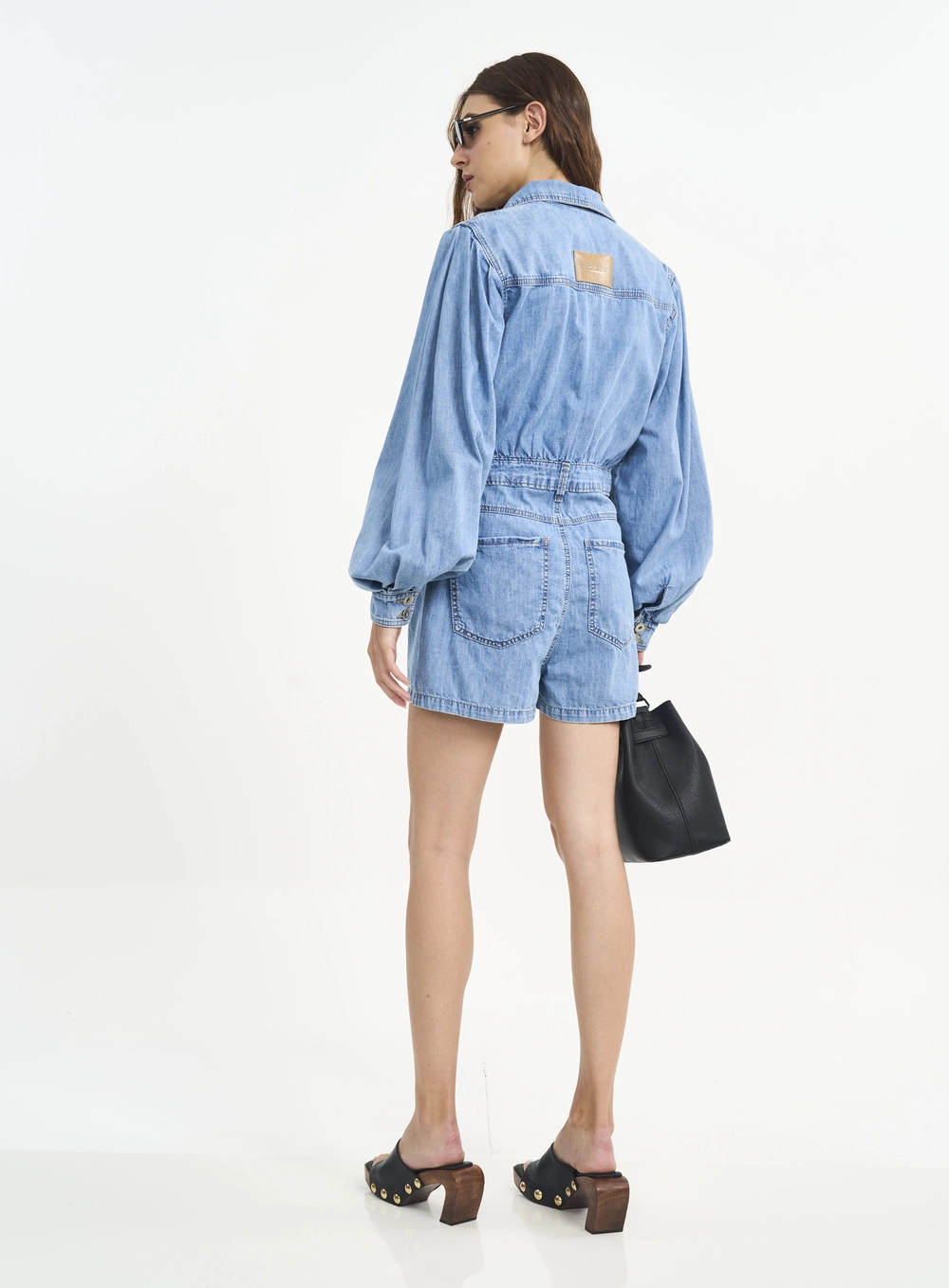 Macacão Jeans Com Mangas Bufantes E Botões Índigo