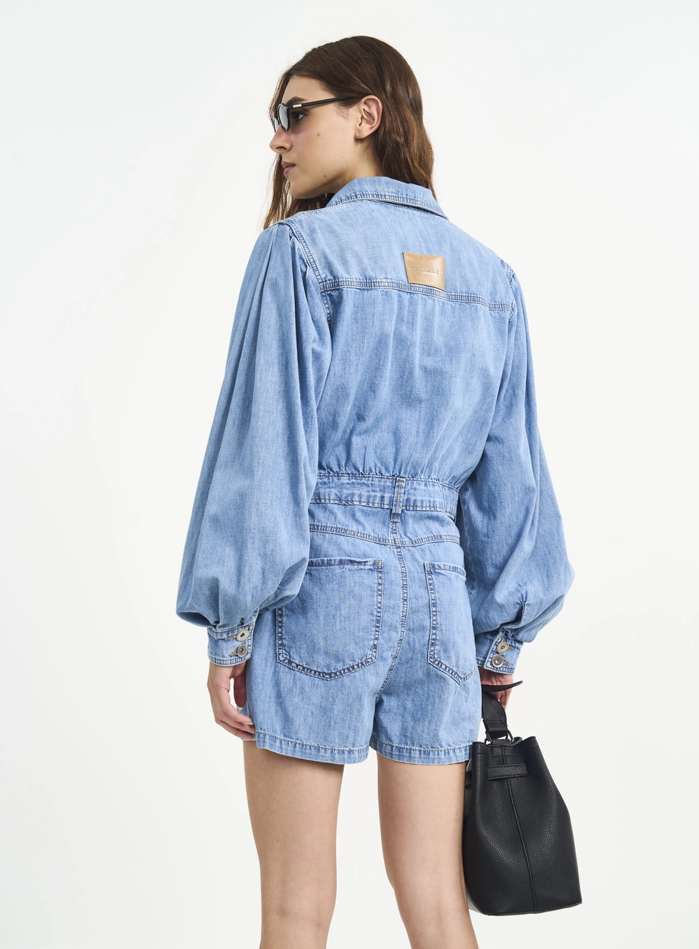 Macacão Jeans Com Mangas Bufantes E Botões Índigo