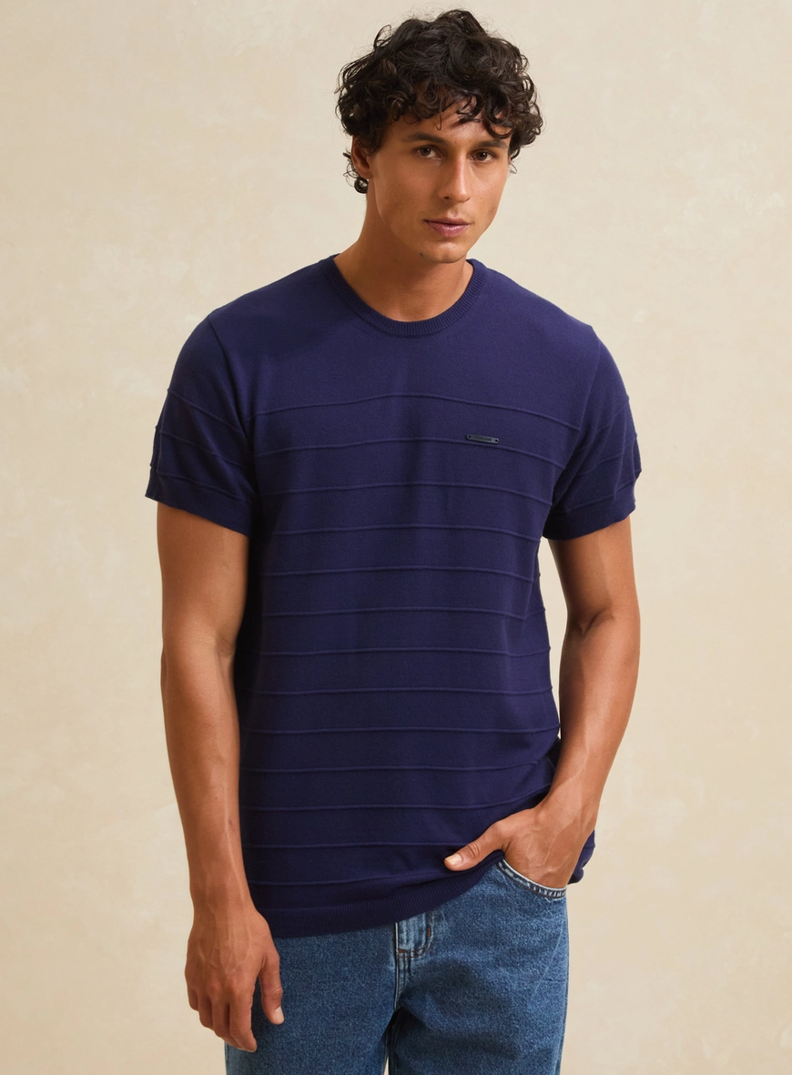 Camiseta Masculina New Slim Tricô Azul 1