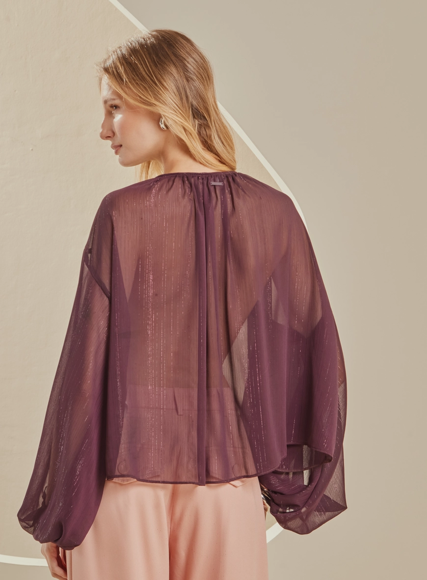 Blusa Ampla Metalizada Translúcida Com Amarração Bordô 2