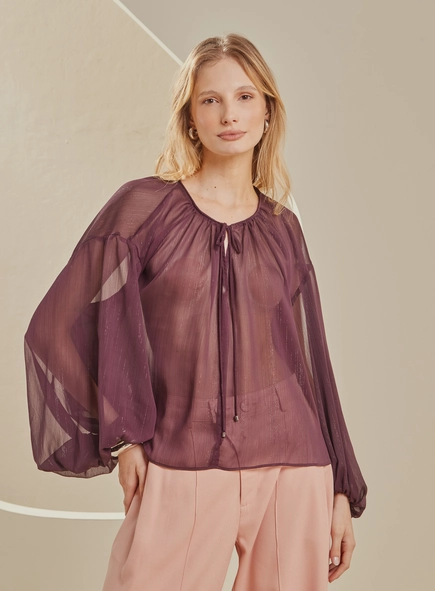 Blusa Ampla Metalizada Translúcida Com Amarração