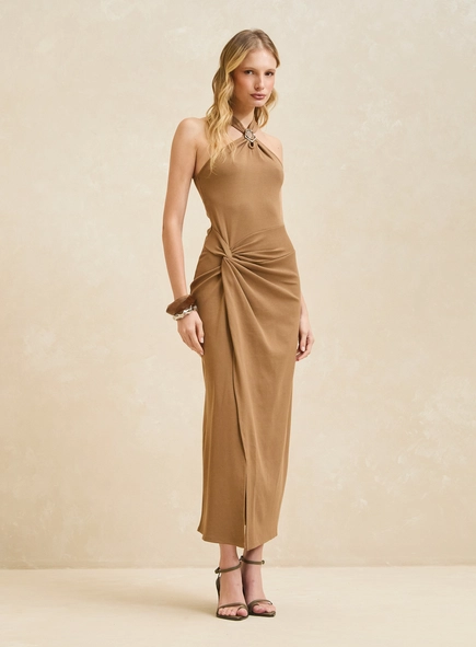 Vestido Midi Halter Drapê