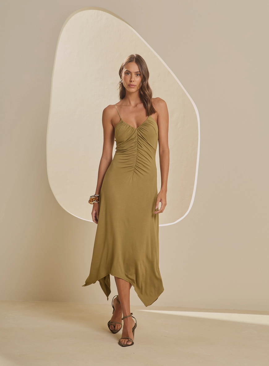 Vestido Midi Com Busto Franzido Verde