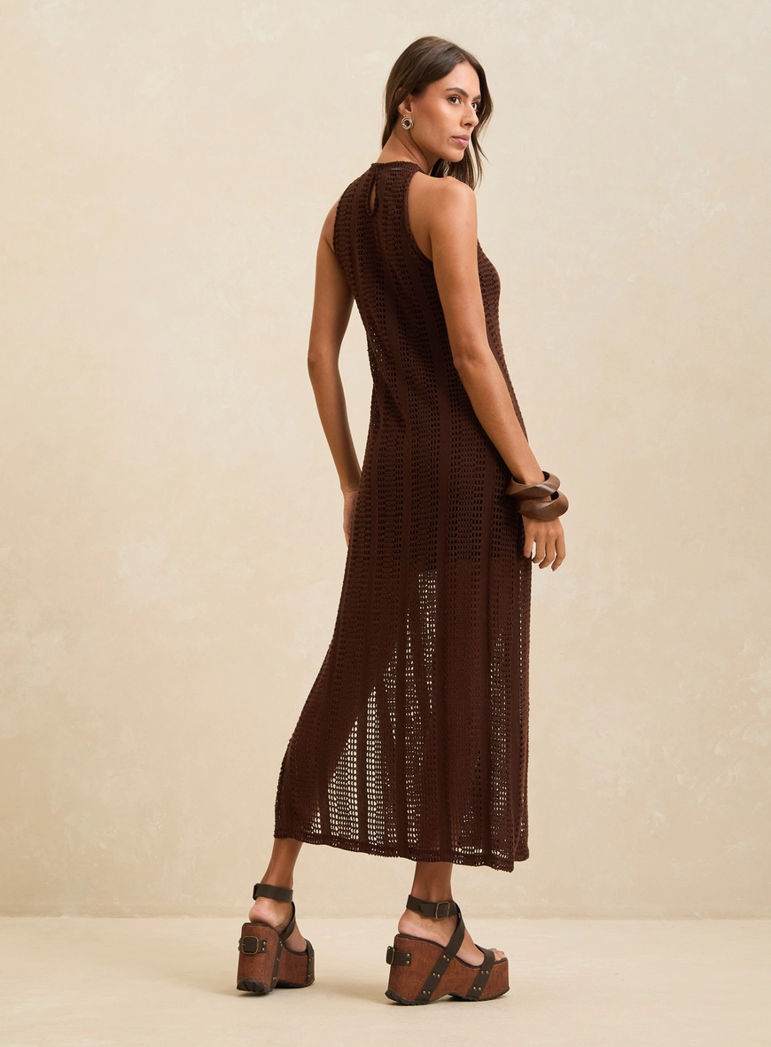 Vestido Midi Ajustado De Tricô Com Fenda Marrom