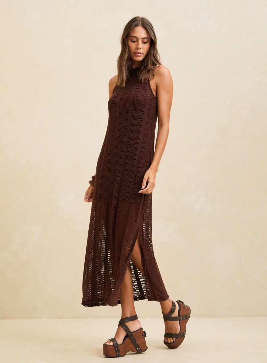 Vestido Midi Ajustado De Tricô Com Fenda Marrom