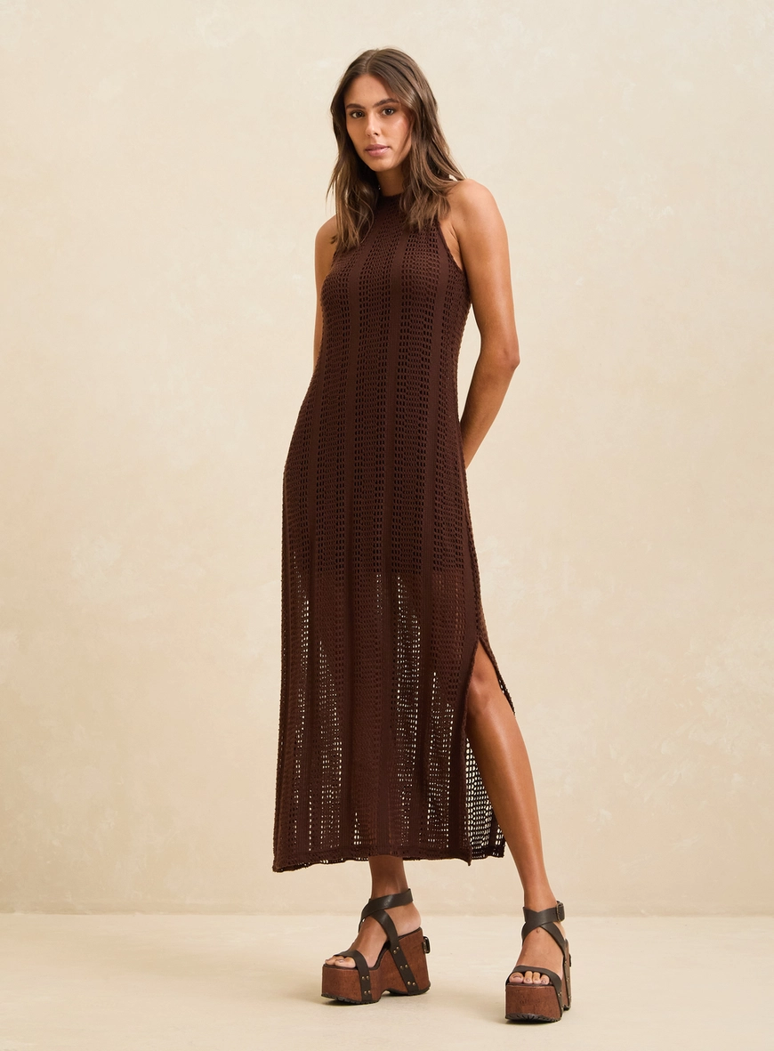 Vestido Midi Ajustado De Tricô Com Fenda Marrom