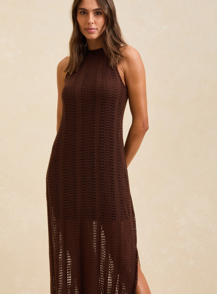 Vestido Midi Ajustado De Tricô Com Fenda Marrom