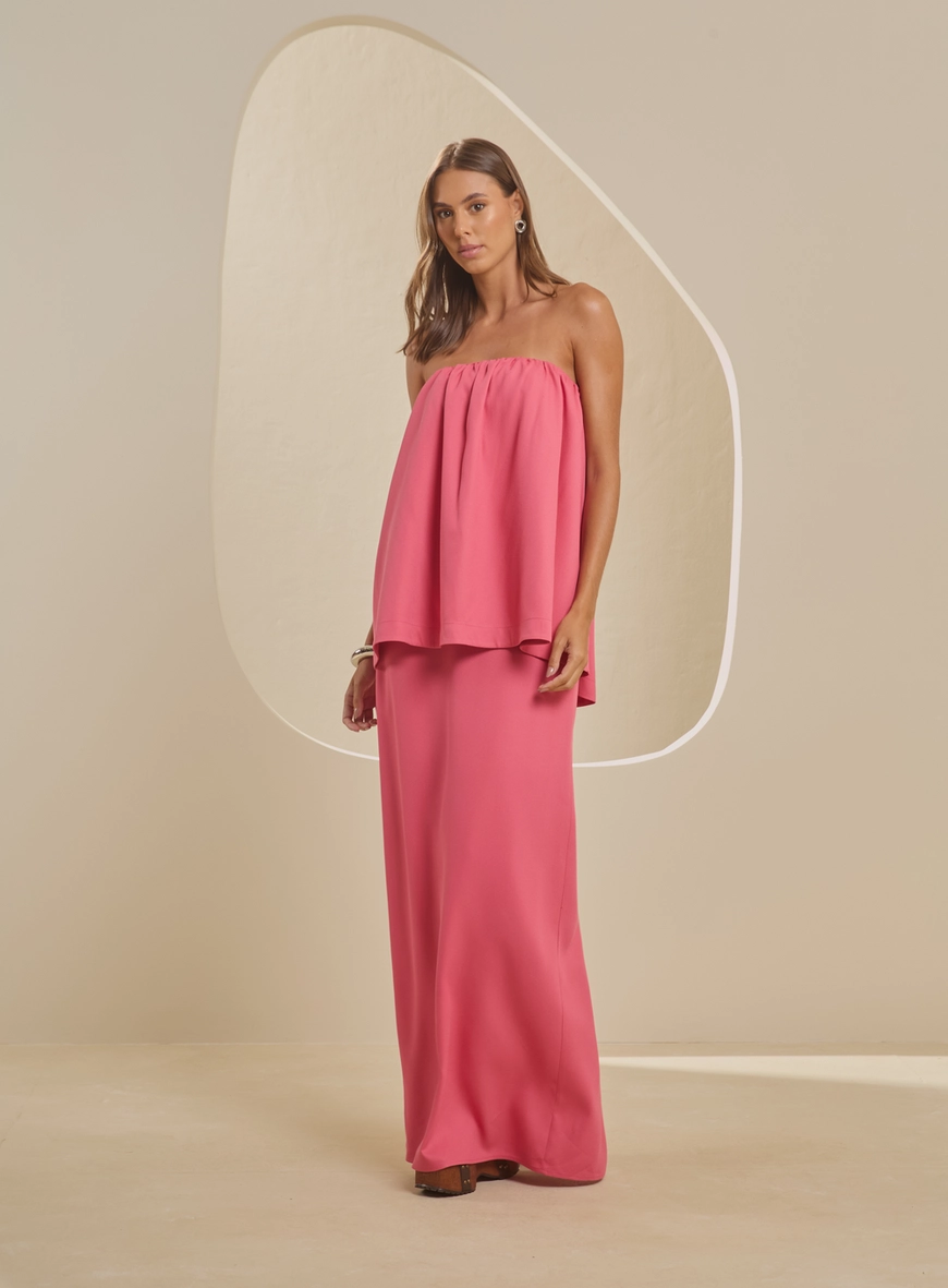 Vestido Longo Tomara Que Caia Reto Sobreposição Rosa 1