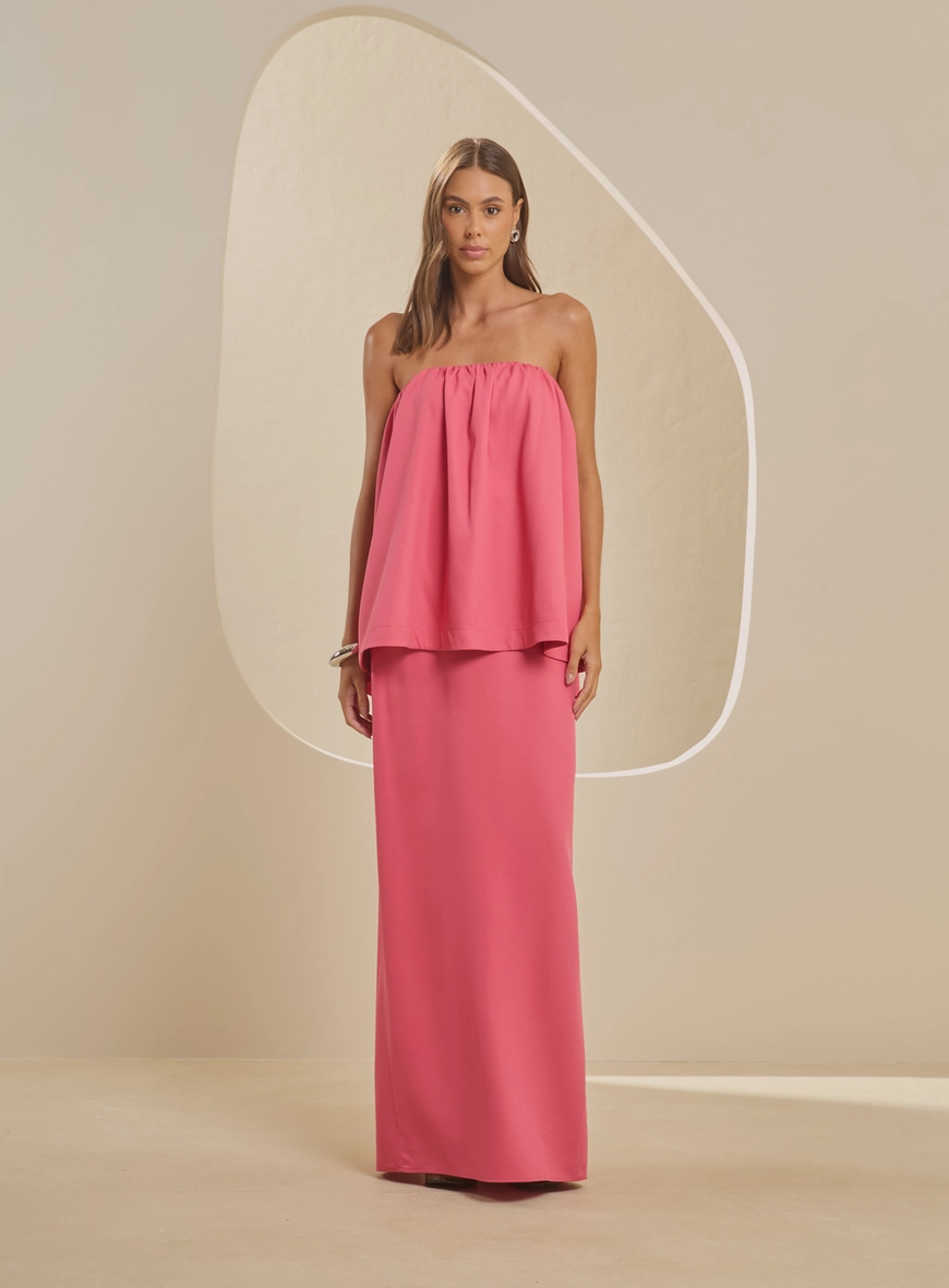 Vestido Longo Tomara Que Caia Reto Sobreposição Rosa 3