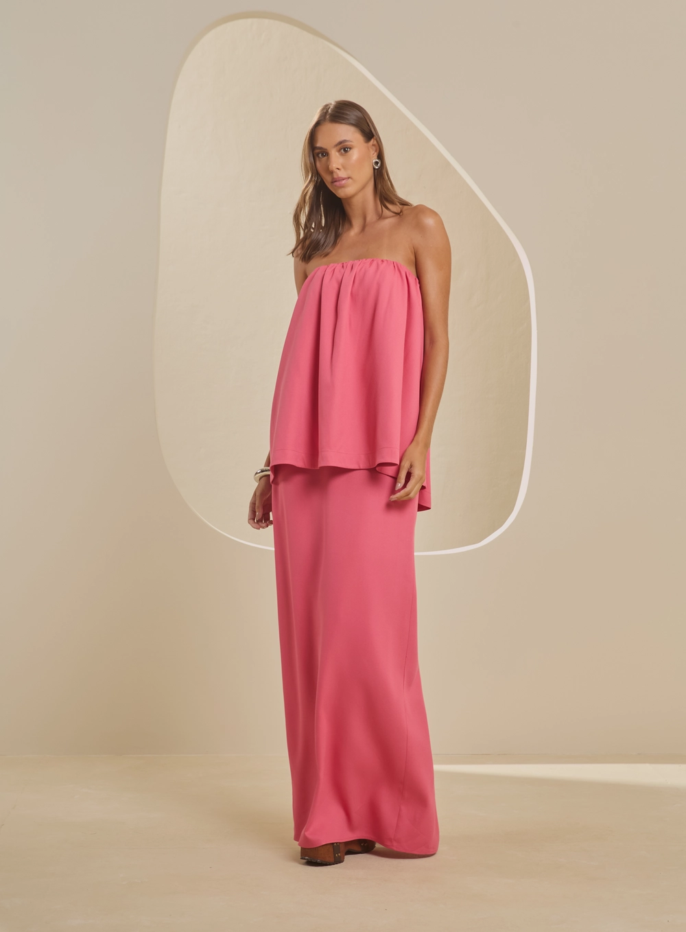 Vestido Longo Tomara Que Caia Reto Sobreposição Rosa 1