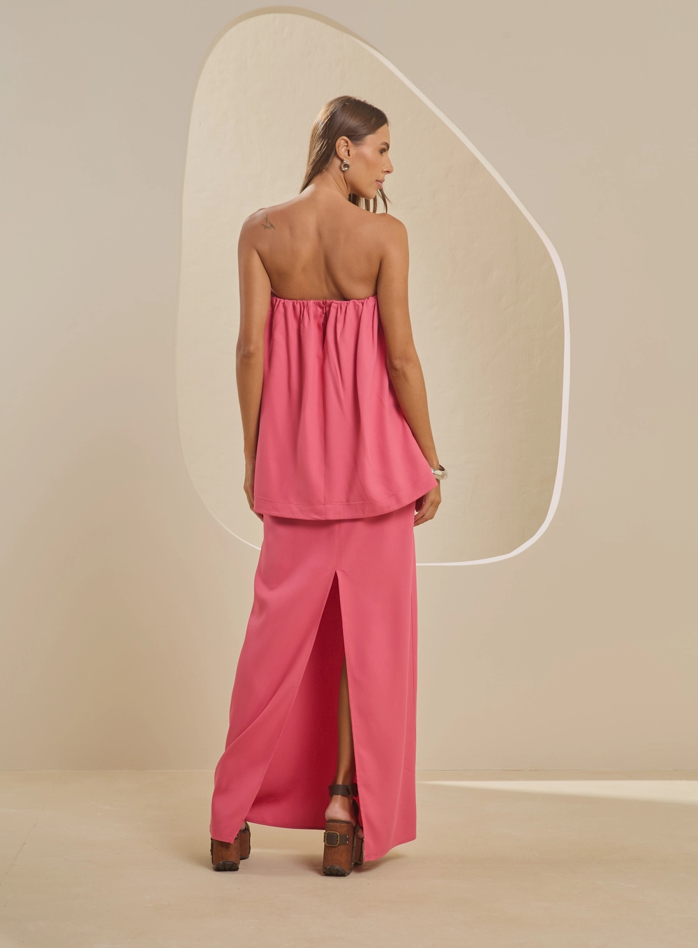 Vestido Longo Tomara Que Caia Reto Sobreposição Rosa 2