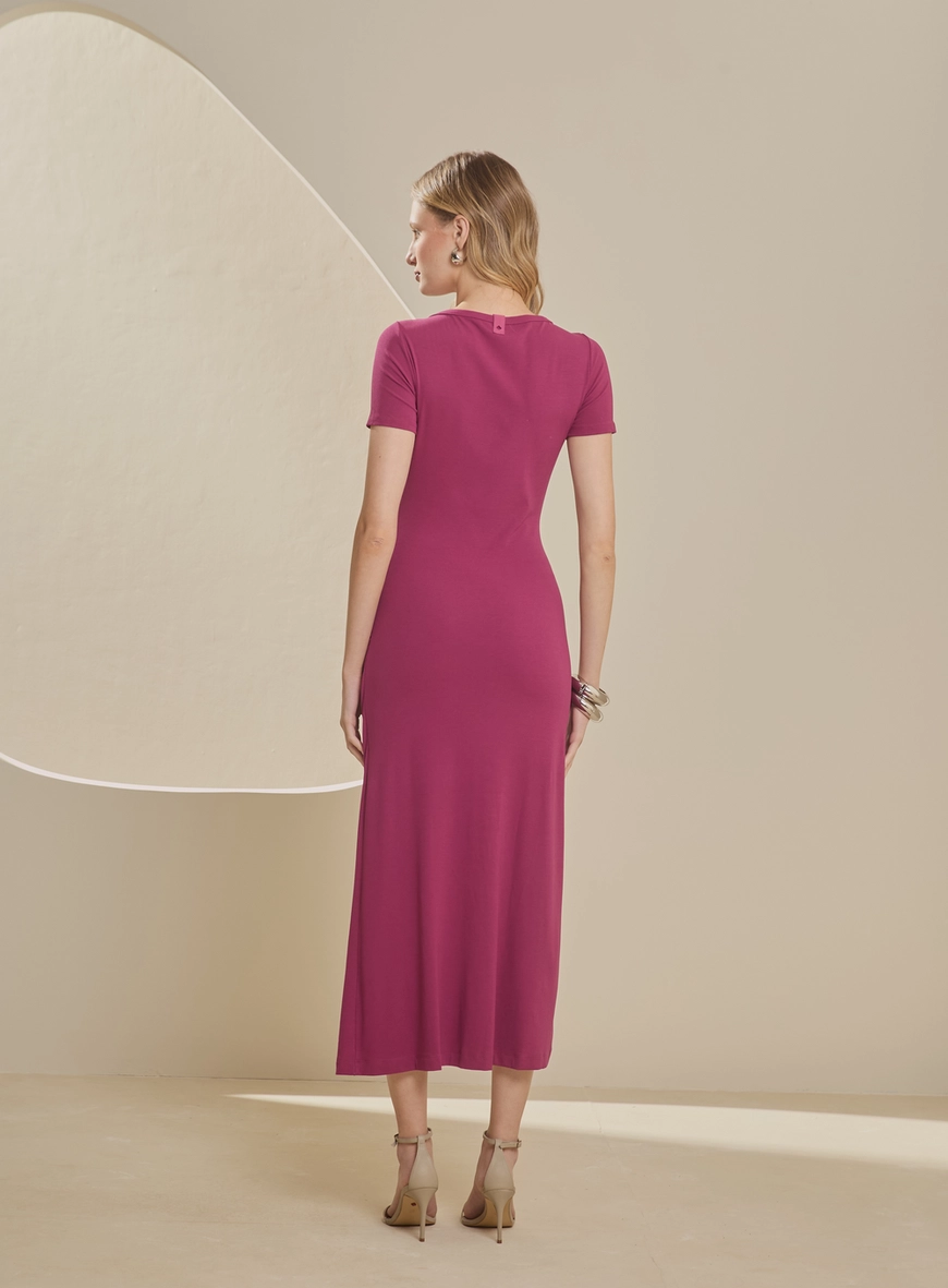 Vestido Midi Canelado Com Torção Rosa