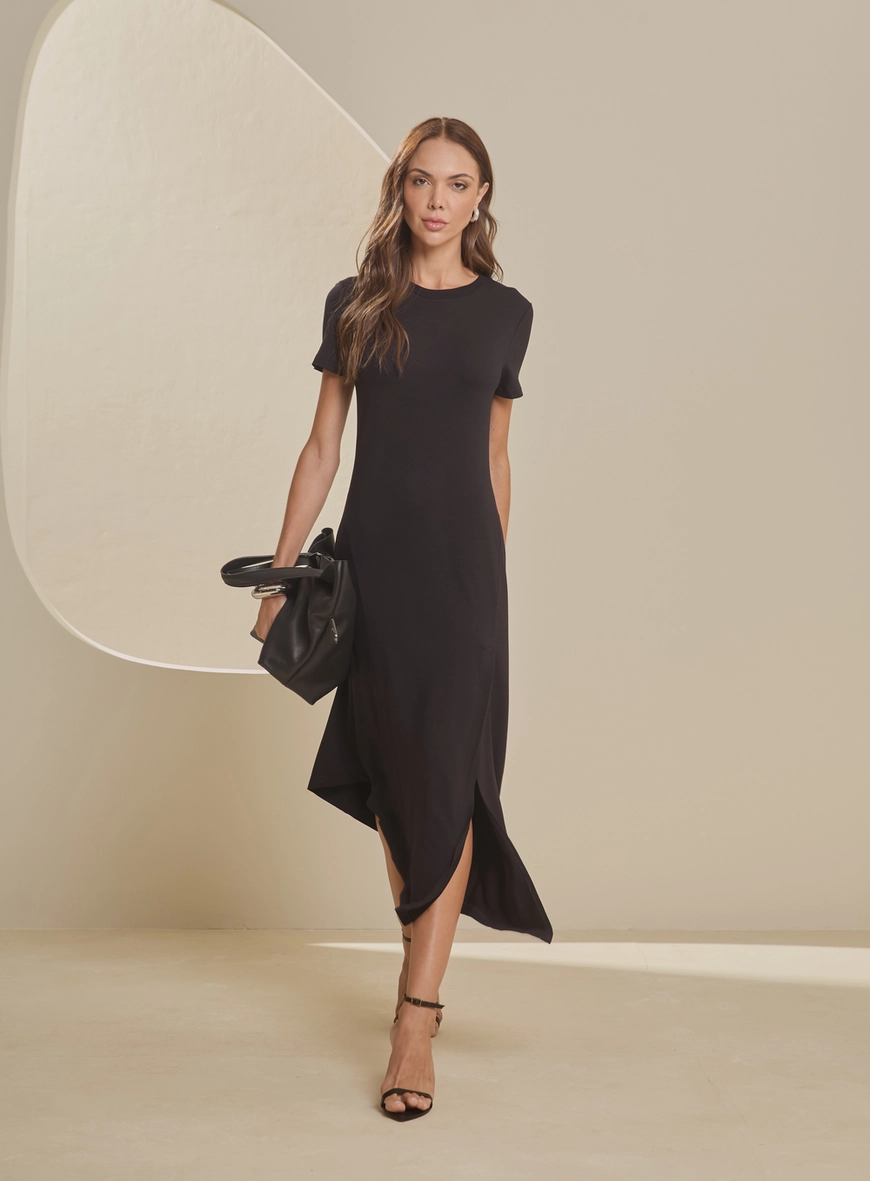 Vestido Midi Assimétrico Com Fenda Preto