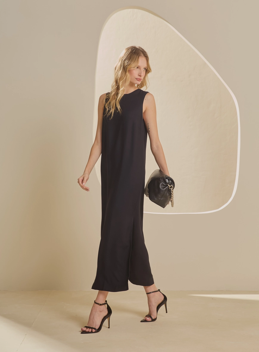 Vestido Midi Acinturado Reto Preto 1