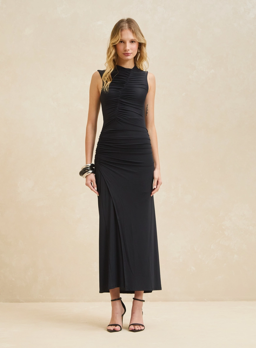 Vestido Midi De Malha Com Franzidos Preto 3