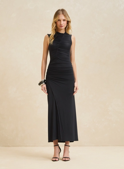 Vestido Midi De Malha Com Franzidos