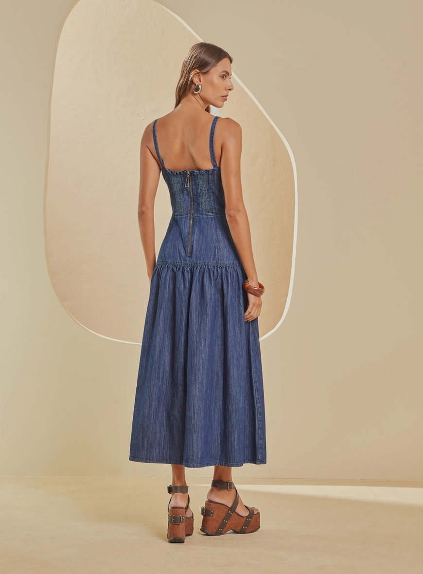 Vestido Jeans Longo Com Lastex Índigo 2