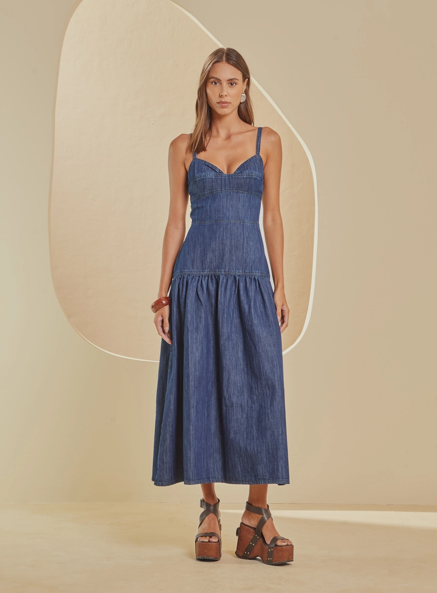 Vestido Jeans Longo Com Lastex Índigo 3