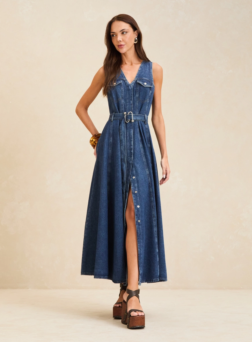 Vestido Jeans Longo Estruturado Com Cinto Índigo