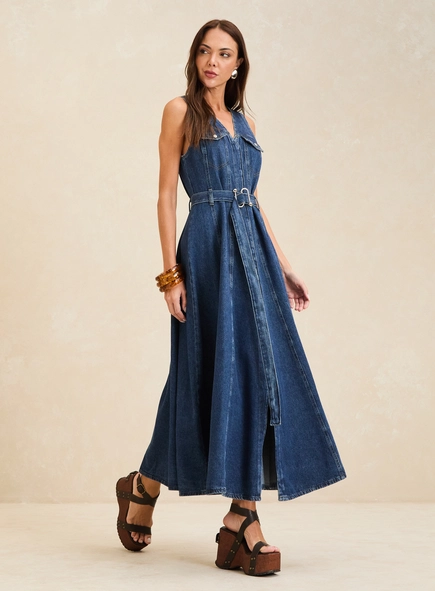 Vestido Jeans Longo Estruturado Com Cinto