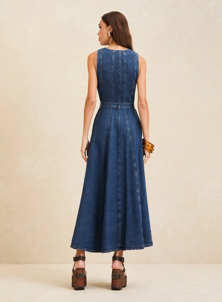 Vestido Jeans Longo Estruturado Com Cinto